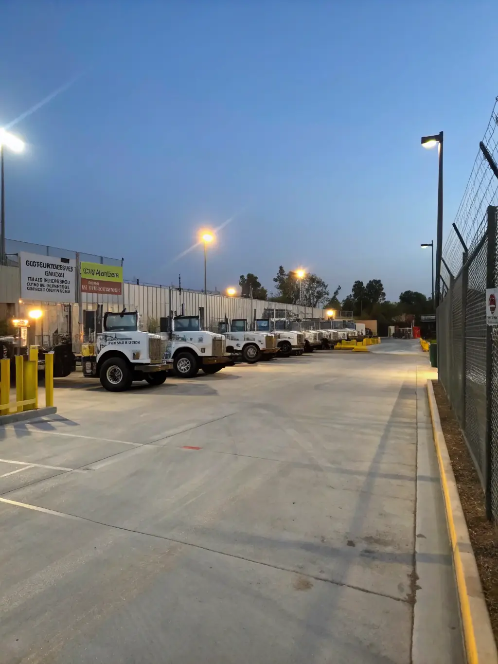 A secure, well-lit storage yard with multiple heavy-duty vehicles parked, representing Golden Path Towing and Recovery's secure storage solutions.