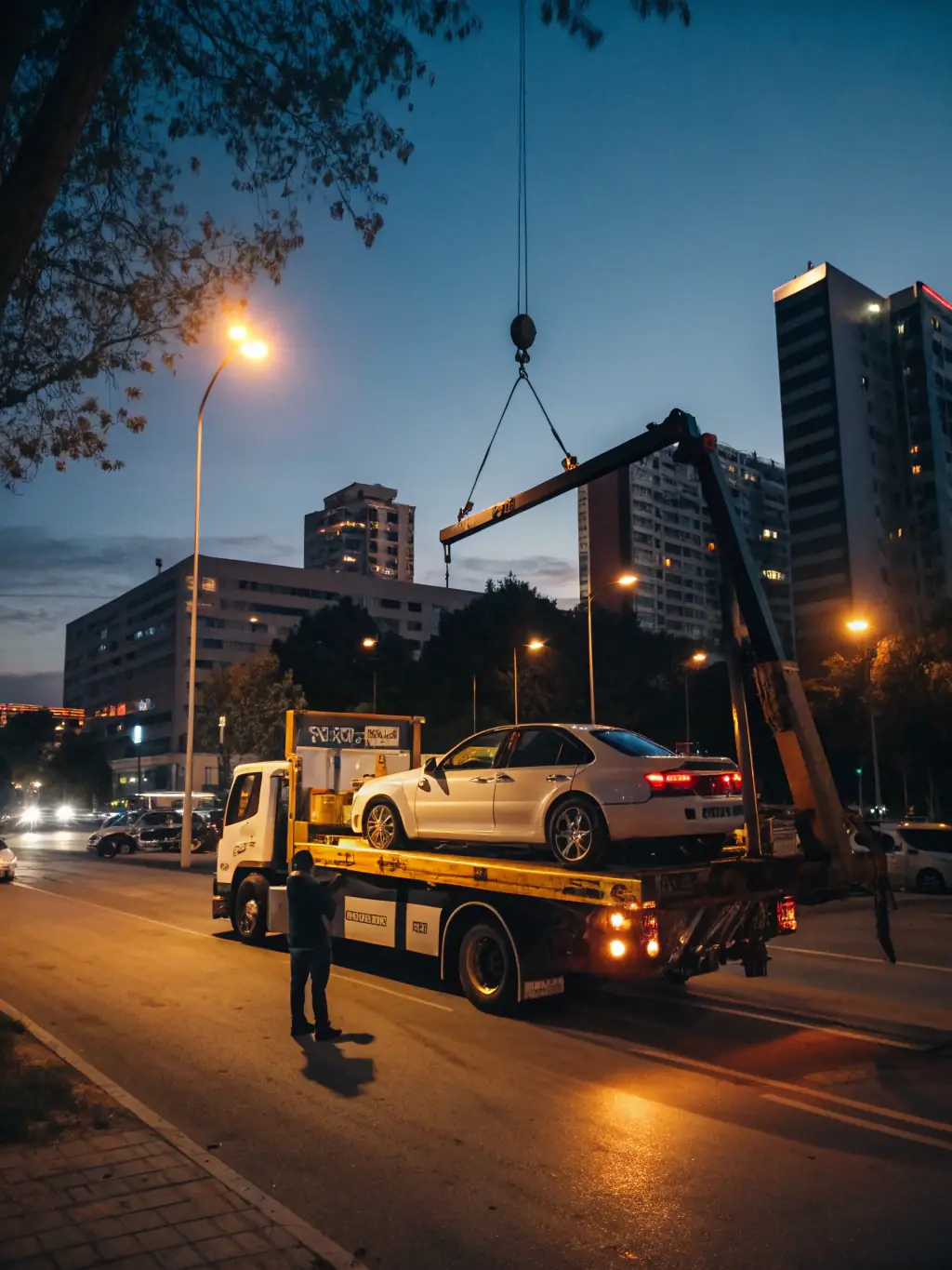 A heavy-duty wrecker lifting a semi-truck on a busy highway, showcasing Golden Path Towing and Recovery's heavy-duty semi-truck towing service.