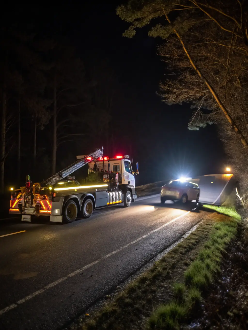 A heavy-duty winch pulling a semi-truck out of a ditch at night, illustrating Golden Path Towing and Recovery's winch-out capabilities.