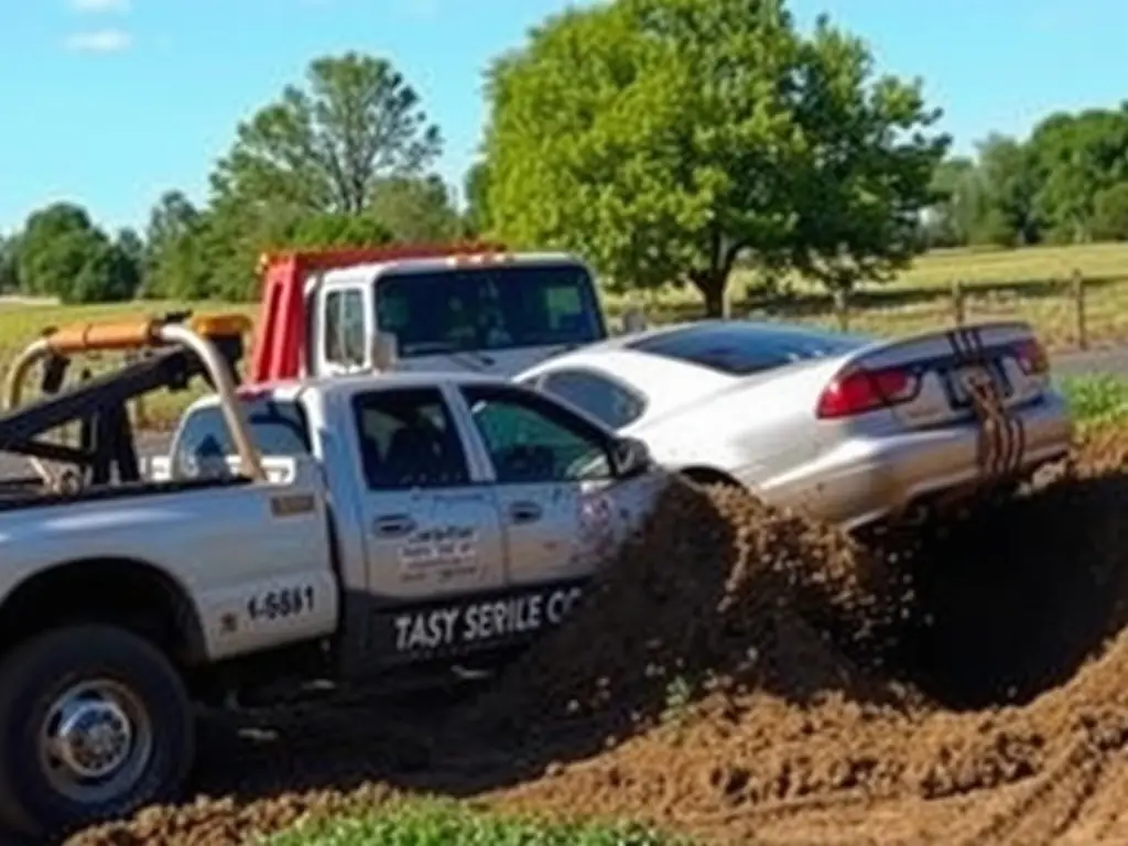 A Golden Path Towing and Recovery truck using a winch to pull a vehicle out of a ditch, demonstrating the winch-out service.