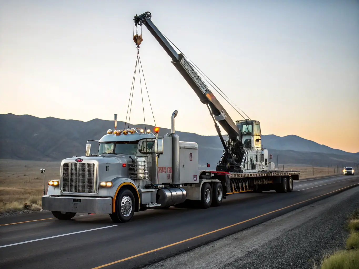 A heavy-duty wrecker towing a semi-truck on a highway, showcasing the scale and capability of Golden Path Towing and Recovery's equipment.